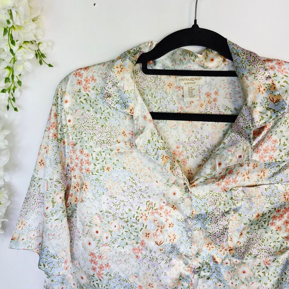 Cynthia Rowley Sleepwear Pajama Top Medium Floral Satin Button Up Cottage Pastel - Picture 5 of 10